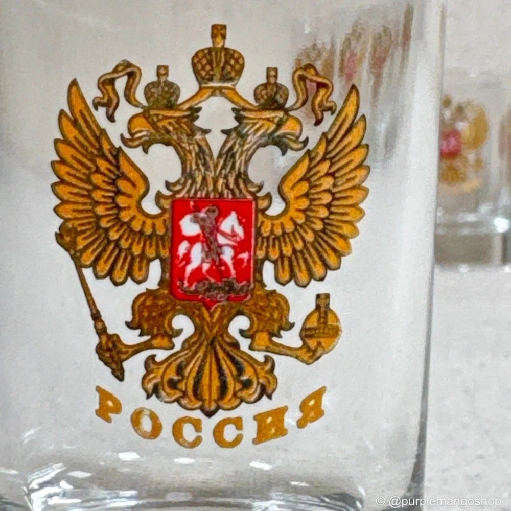 VINTAGE Russian Vodka Shot Glasses 🇷🇺 Gold Double Eagle Crest Barware | 6 PCS.